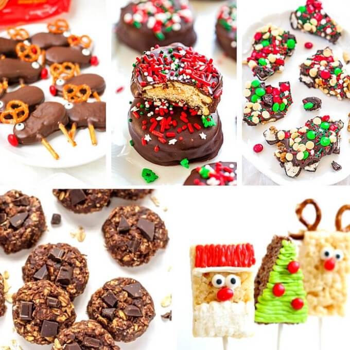 Reindeer pretzel cookies, rice krispie treat Santa & Christmas trees, bark, chocolate chip and chocolate dipped cookies 