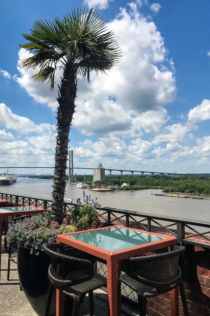 Rooftop bar overlooking the Savannah River and Talmadge Memorial Bridge