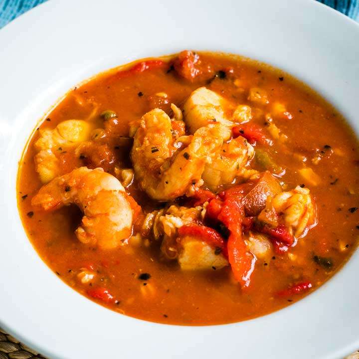 Cioppino seafood stew with shrimp and fish
