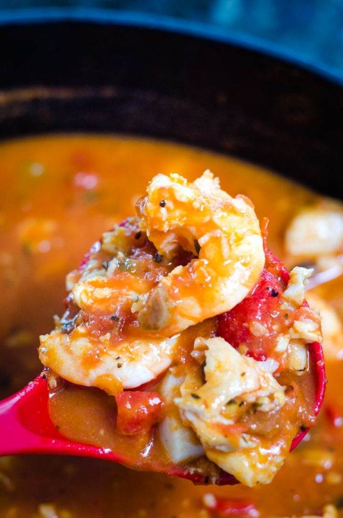 Cioppino seafood stew in dutch oven