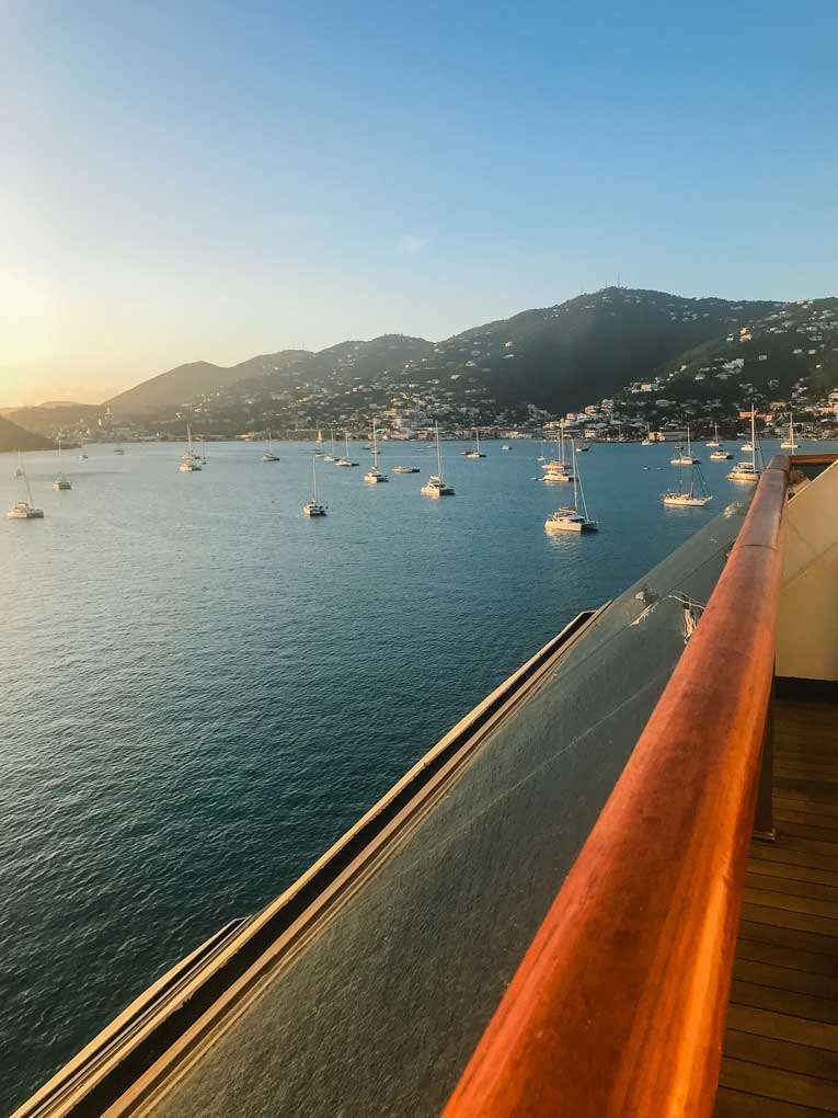 Cruise ship balcony with view of St. Thomas