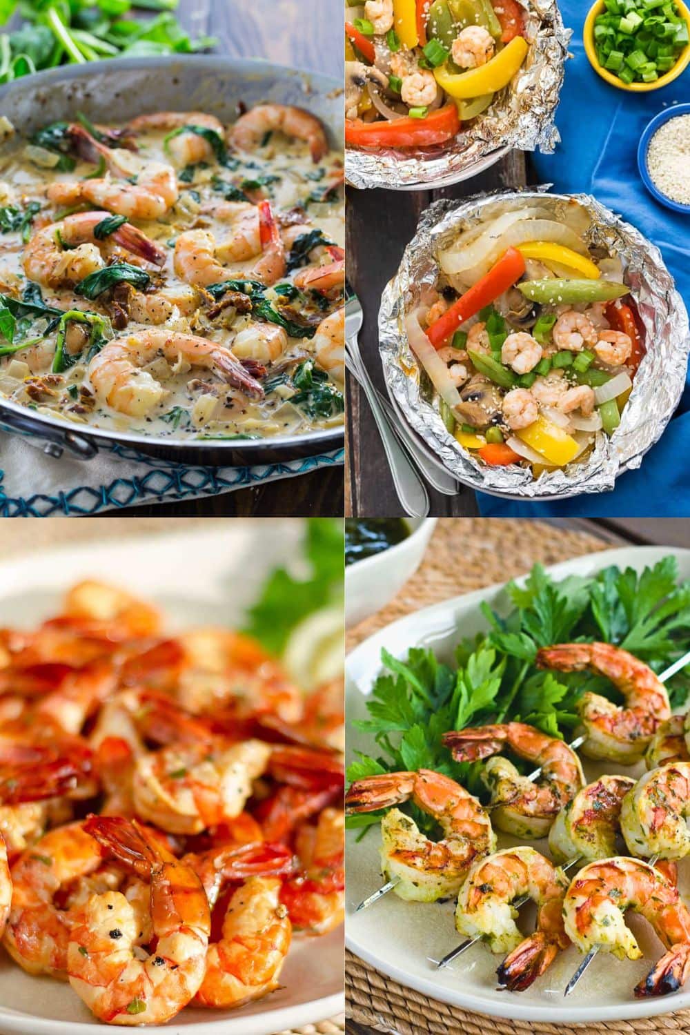 Collage of shrimp recipes including creamy shrimp, shrimp packets, smoked shrimp and shrimp skewers.