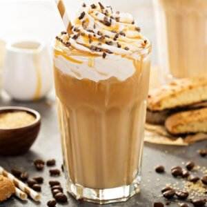 Iced coffee with whipped cream and caramel