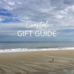 Coastal gift guide text with photo of birds on a beach.
