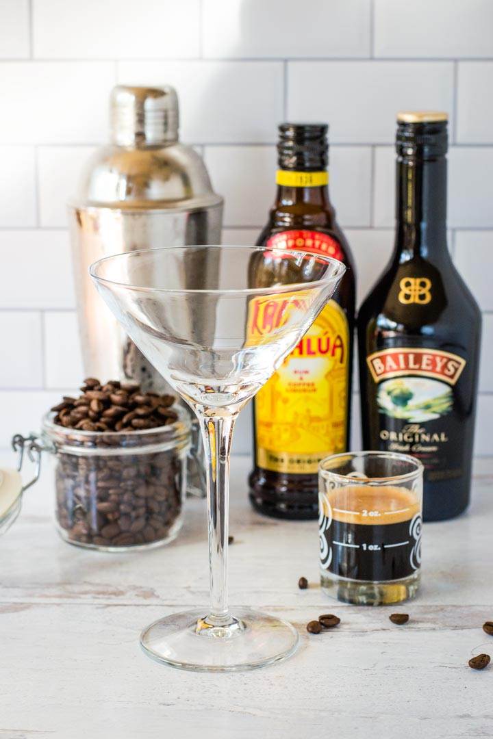 Coffee beans, cocktail shaker, martini glass, Kahlua, Baileys, espresso