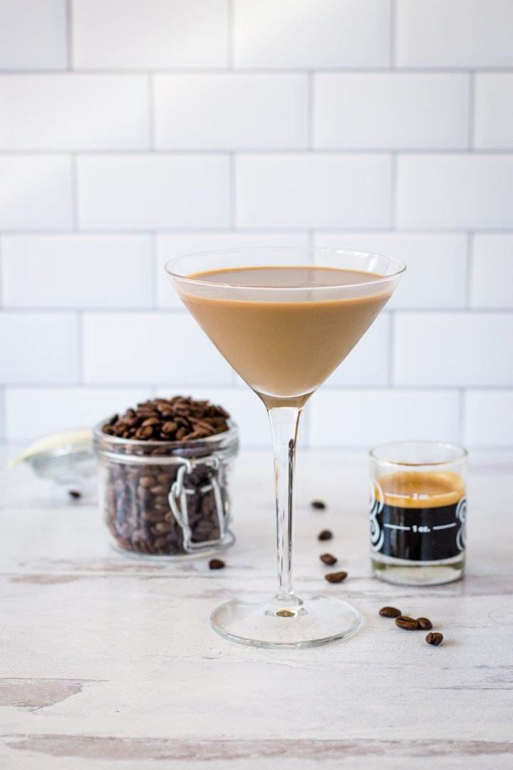 Coffee beans, martini, shot of espresso