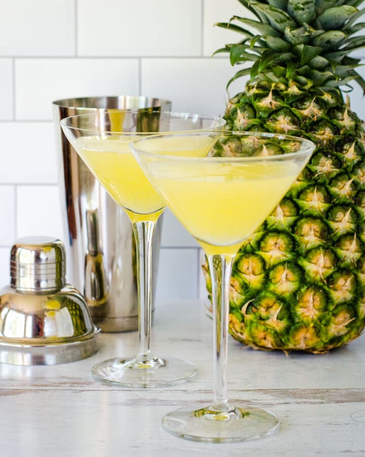 Pineapple martini cocktails, shaker, pineapple