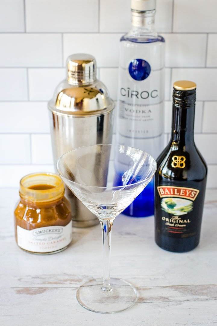 Salted caramel, cocktail shaker, vodka, Baileys, martini glass