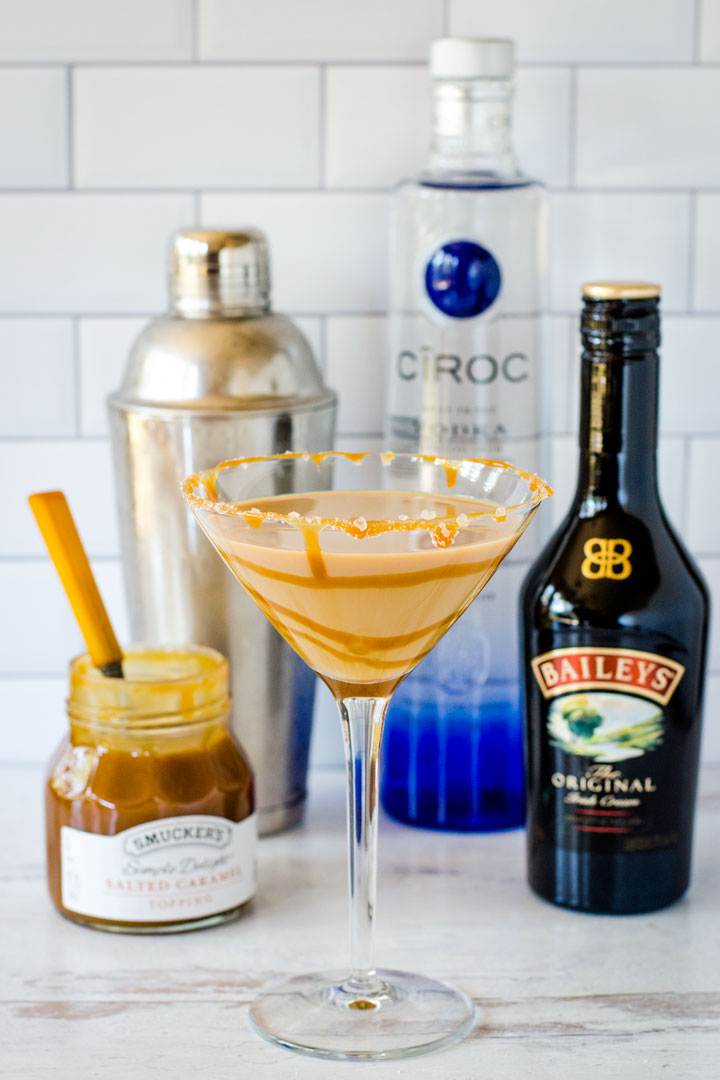 Salted caramel martini with Baileys, vodka, caramel, cocktail shaker