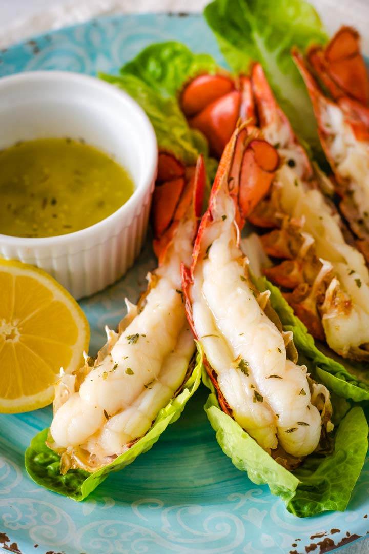 Air fried lobster tails with garlic butter and lemon