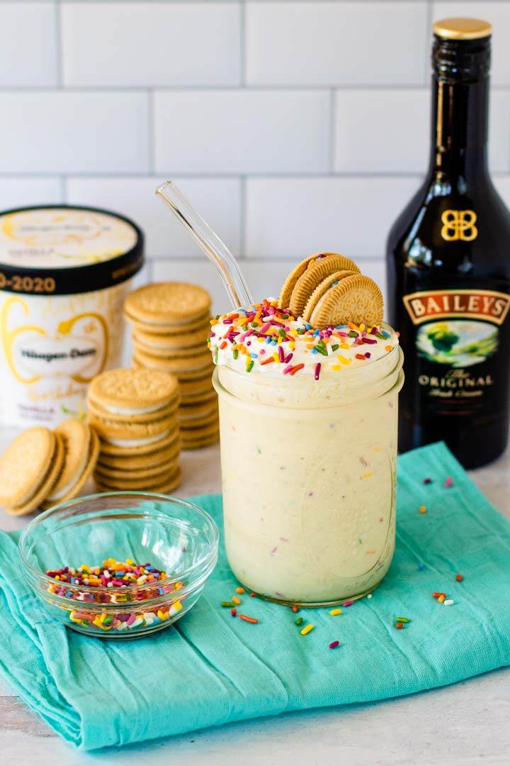 Milkshake with funfetti cookies, ice cream, Baileys, whipped cream and sprinkles