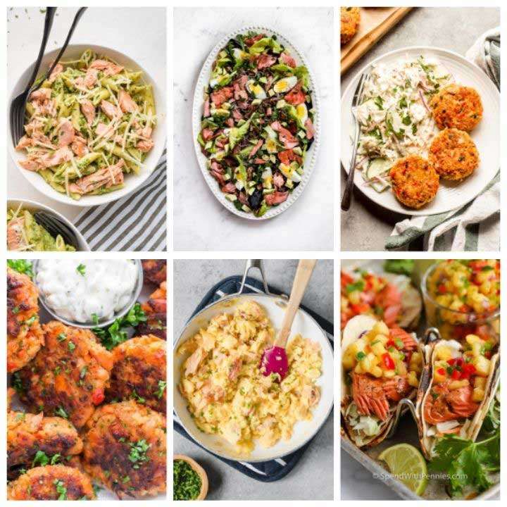 Salmon cakes, pasta, salad, risotto, tacos