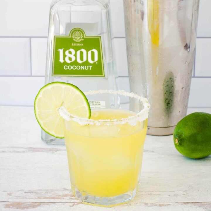 1800 coconut tequila, margarita with salt and lime, cocktail shaker
