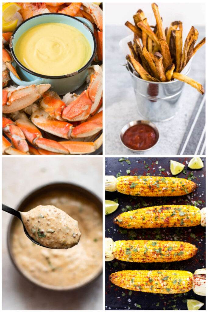 Crab legs with dipping sauces, french fries, corn on the cob