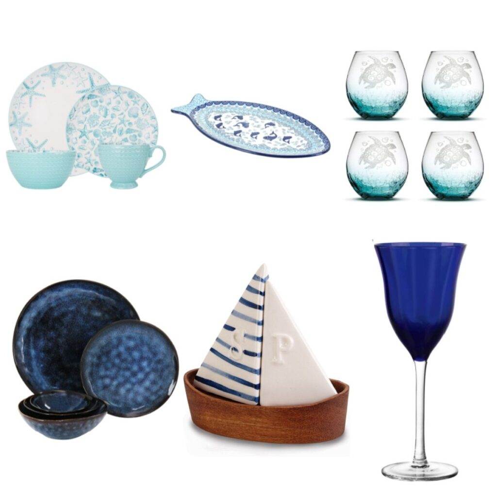Beach themed dishes, glasses, platter, salt & pepper set