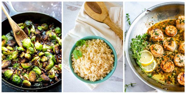 Brussels sprouts, rice, scallops