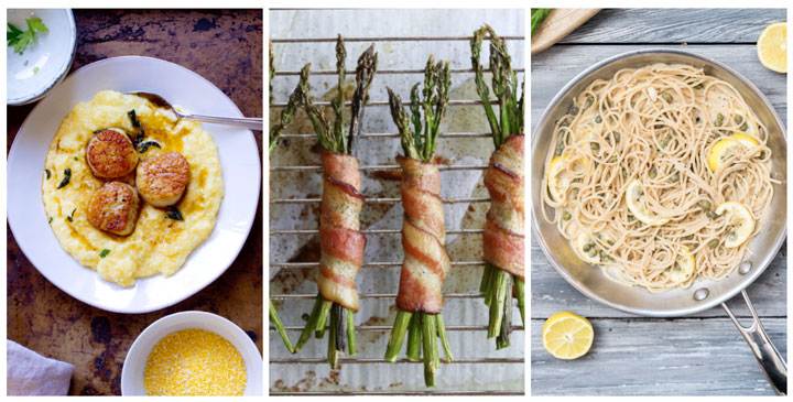 Polenta with scallops, bacon asparagus, angel hair pasta