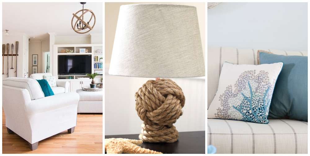 White sofa, rope lamp, beachy pillows