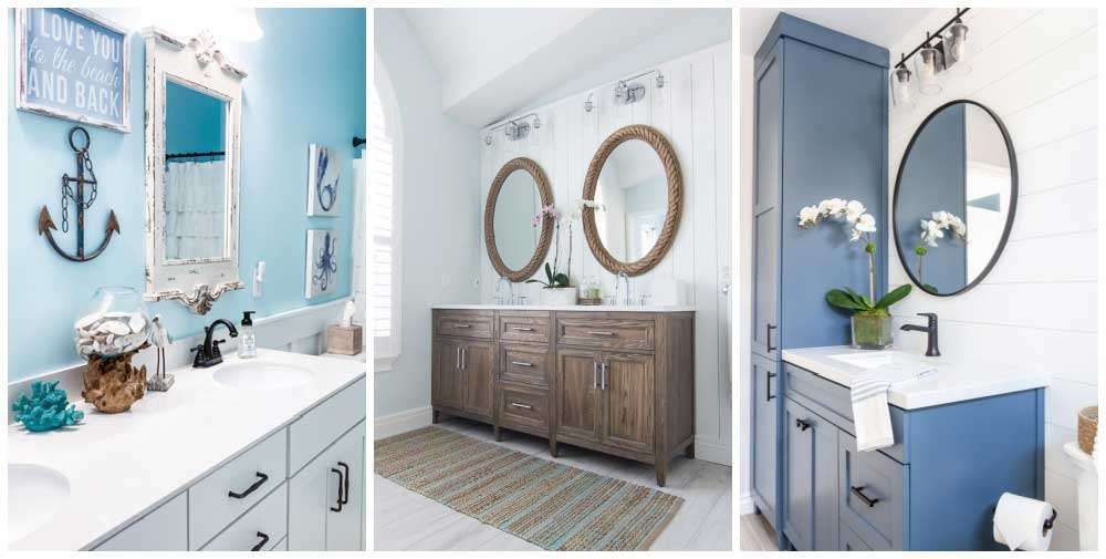 White, wood and blue bathroom sinks