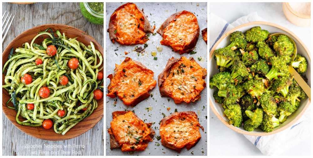 Pesto noodles, sweet potatoes, broccoli