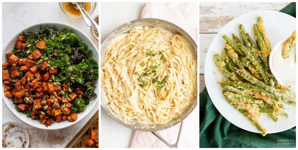 Sweeet potato kale salad, fettucine alfredo, green bean fries