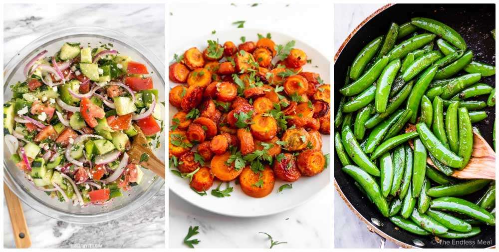 Cucumber salad, carrots, snap peas