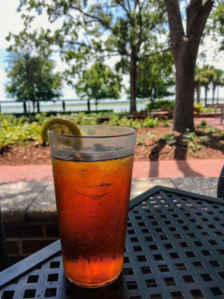 Iced tea on patio at Plums