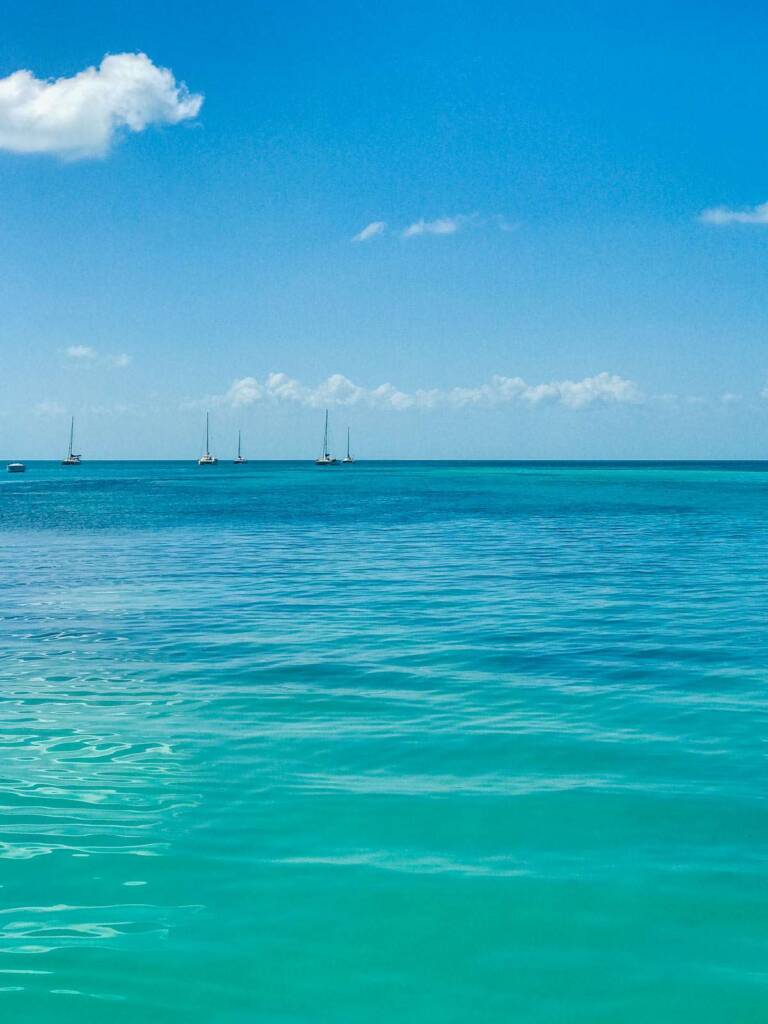 Blue water with boats on the horizon