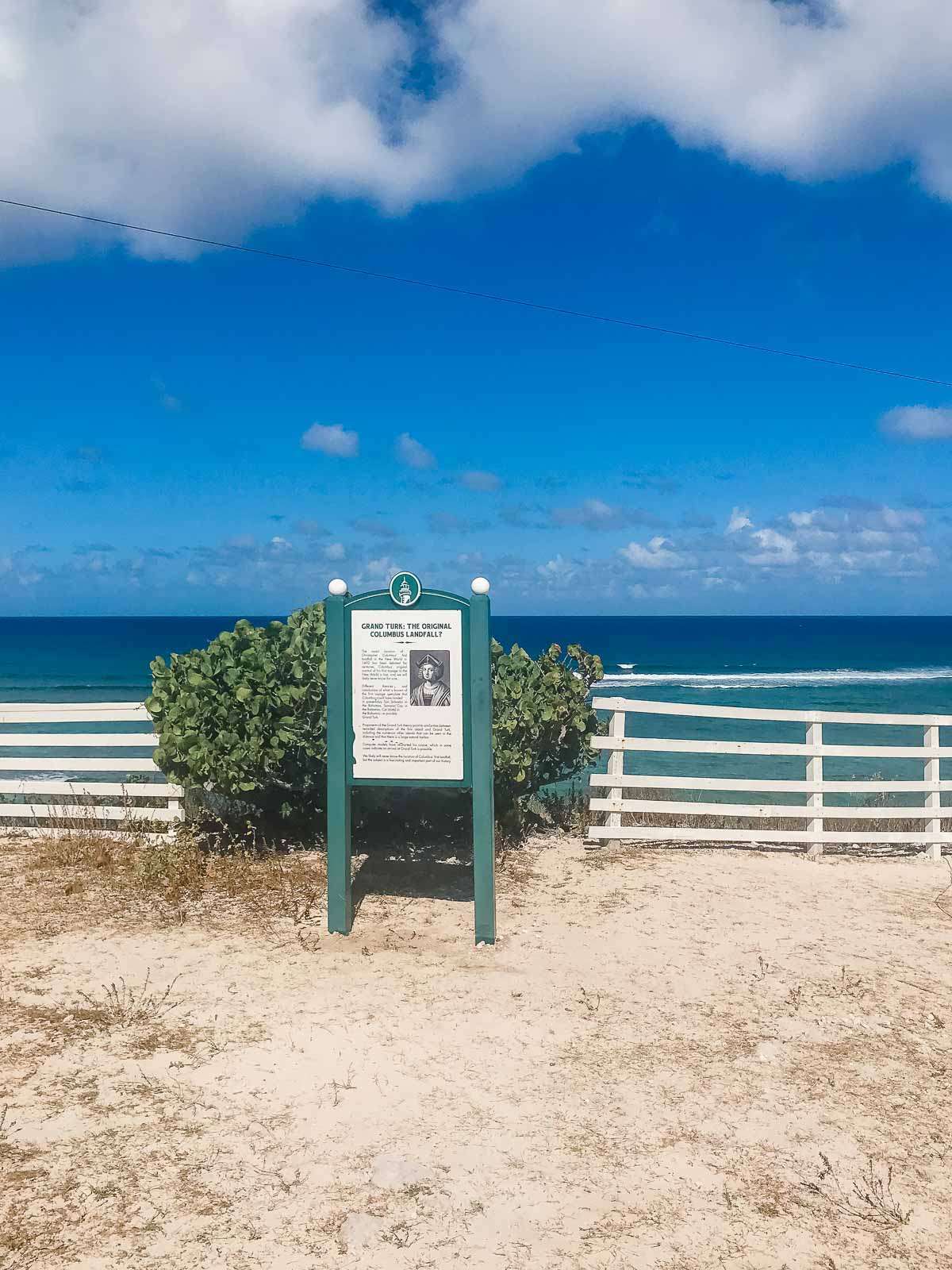 Columbus Landfall sign at beach