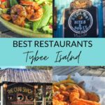 Best restaurants Tybee Island collage with shrimp dishes signs for Crab Shack and Huc-A-Poo's.