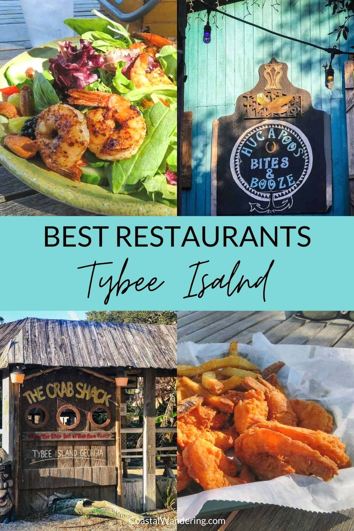 Best restaurants Tybee Island collage with shrimp dishes signs for Crab Shack and Huc-A-Poo's. 