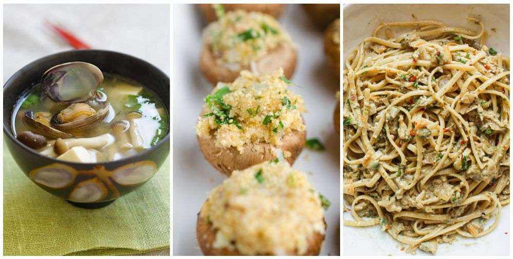 Clam soup, stuffed mushrooms, pasta