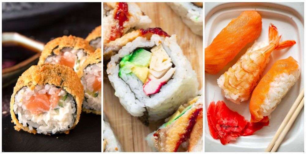 Shrimp, salmon, crab rolls