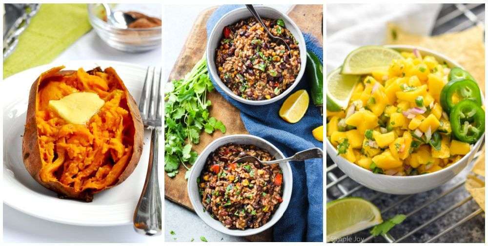 Sweet potato, beans and rice, mango salsa