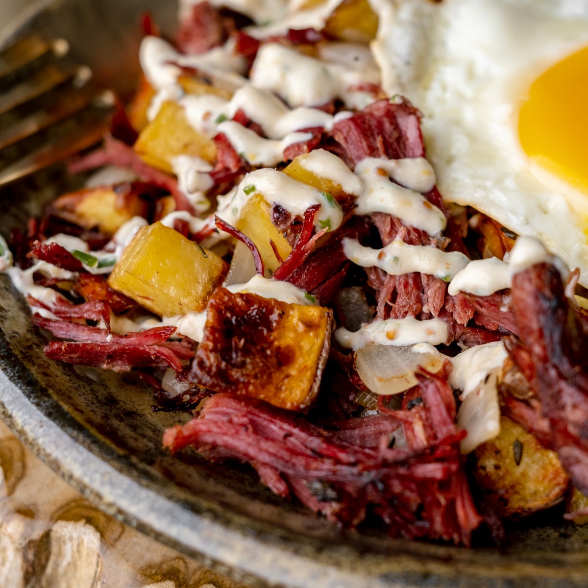 Corned venison hash with egg