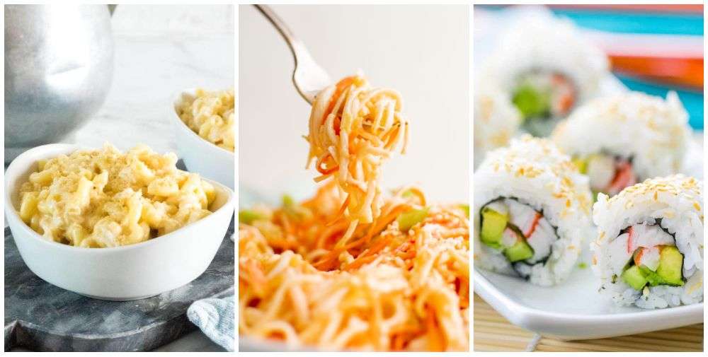 Mac and cheese, pasta, sushi