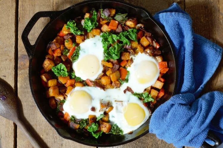 Sweet potato hash with bacon and eggs