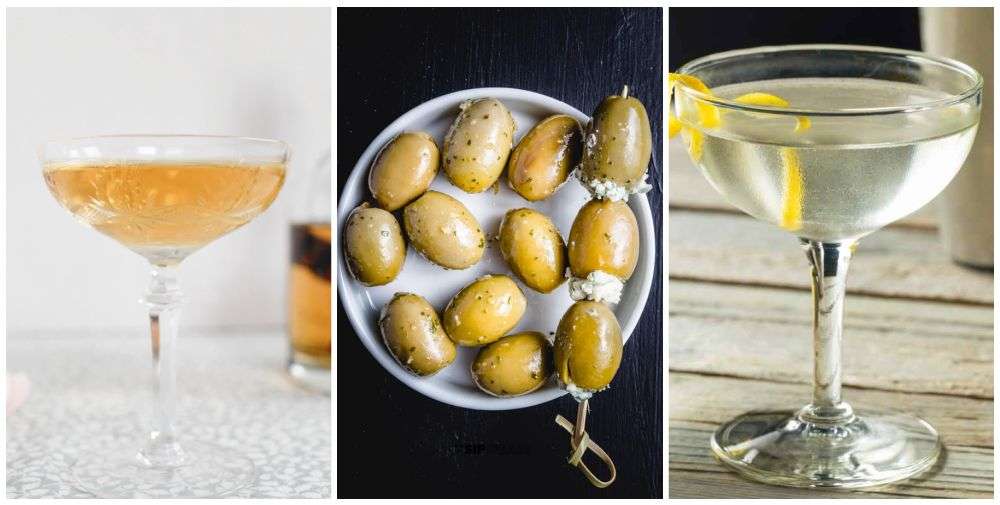 Classic cocktails with stuffed olives