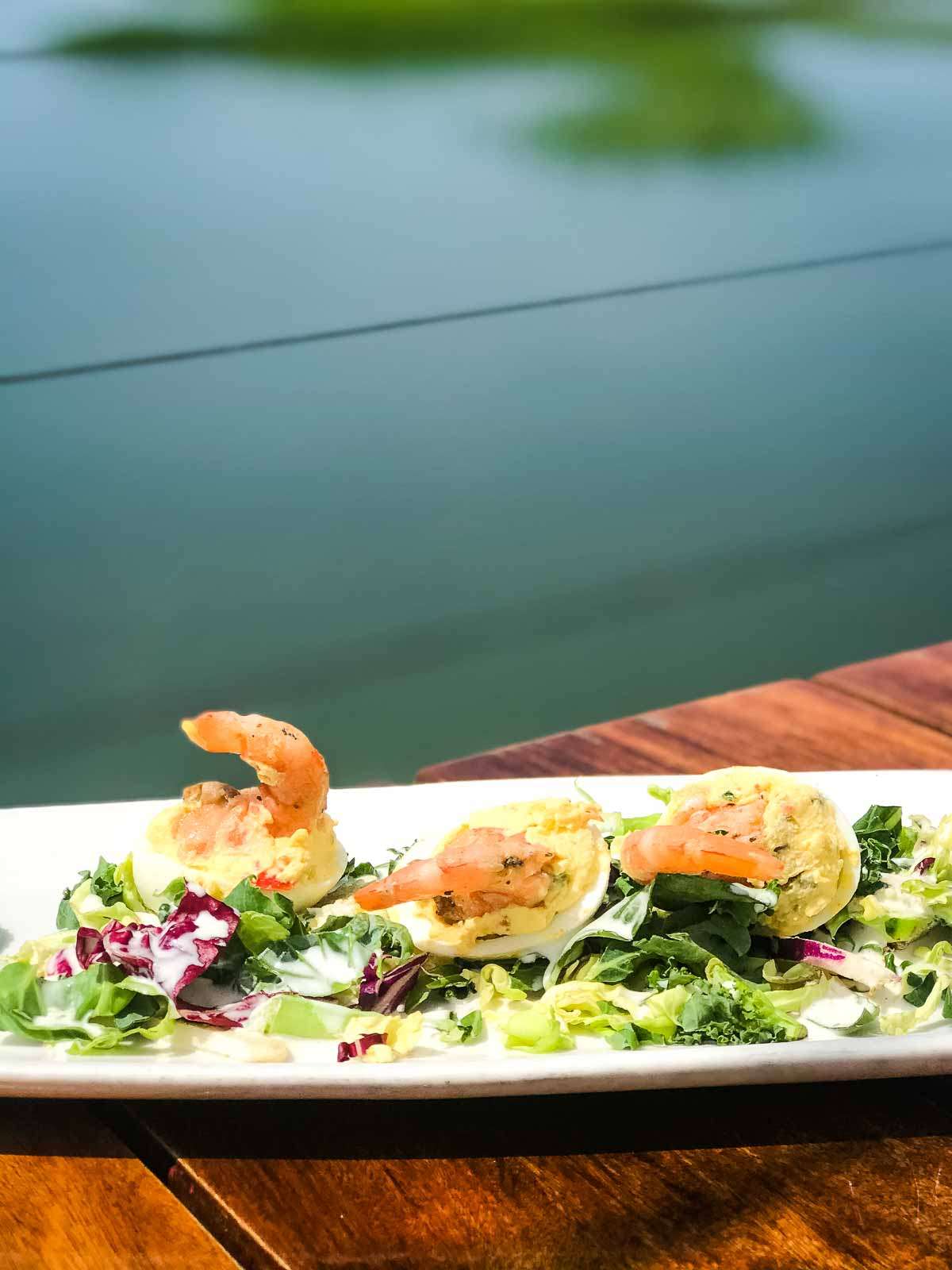 Shrimp topped deviled eggs with salad on plate