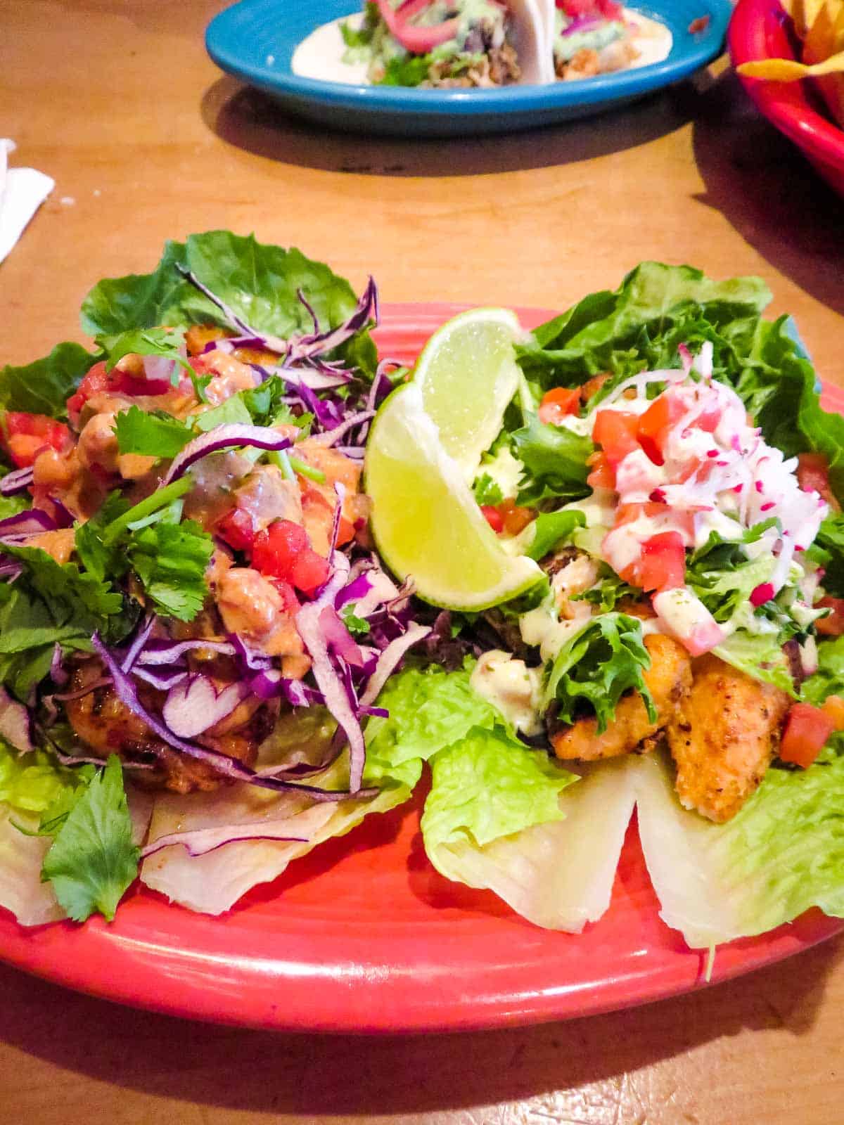 Fish and shrimp tacos on lettuce wraps