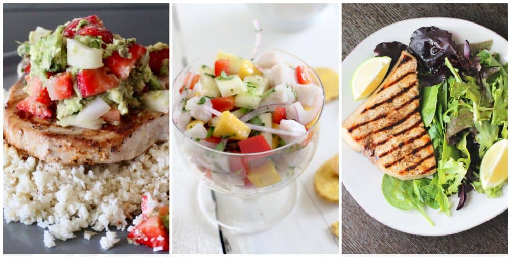 Grilled fish with salsa and salad, ceviche