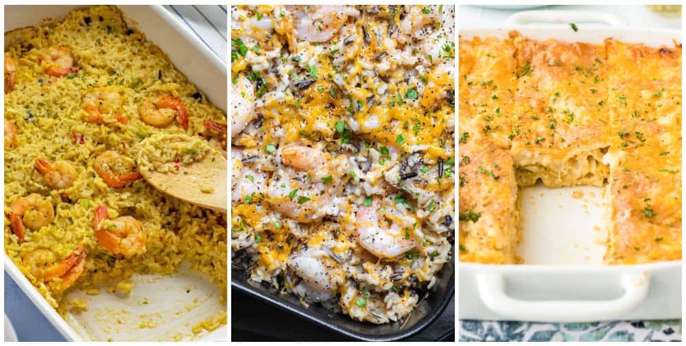 Baked shrimp and grits, shrimp and rice, cheesy casserole