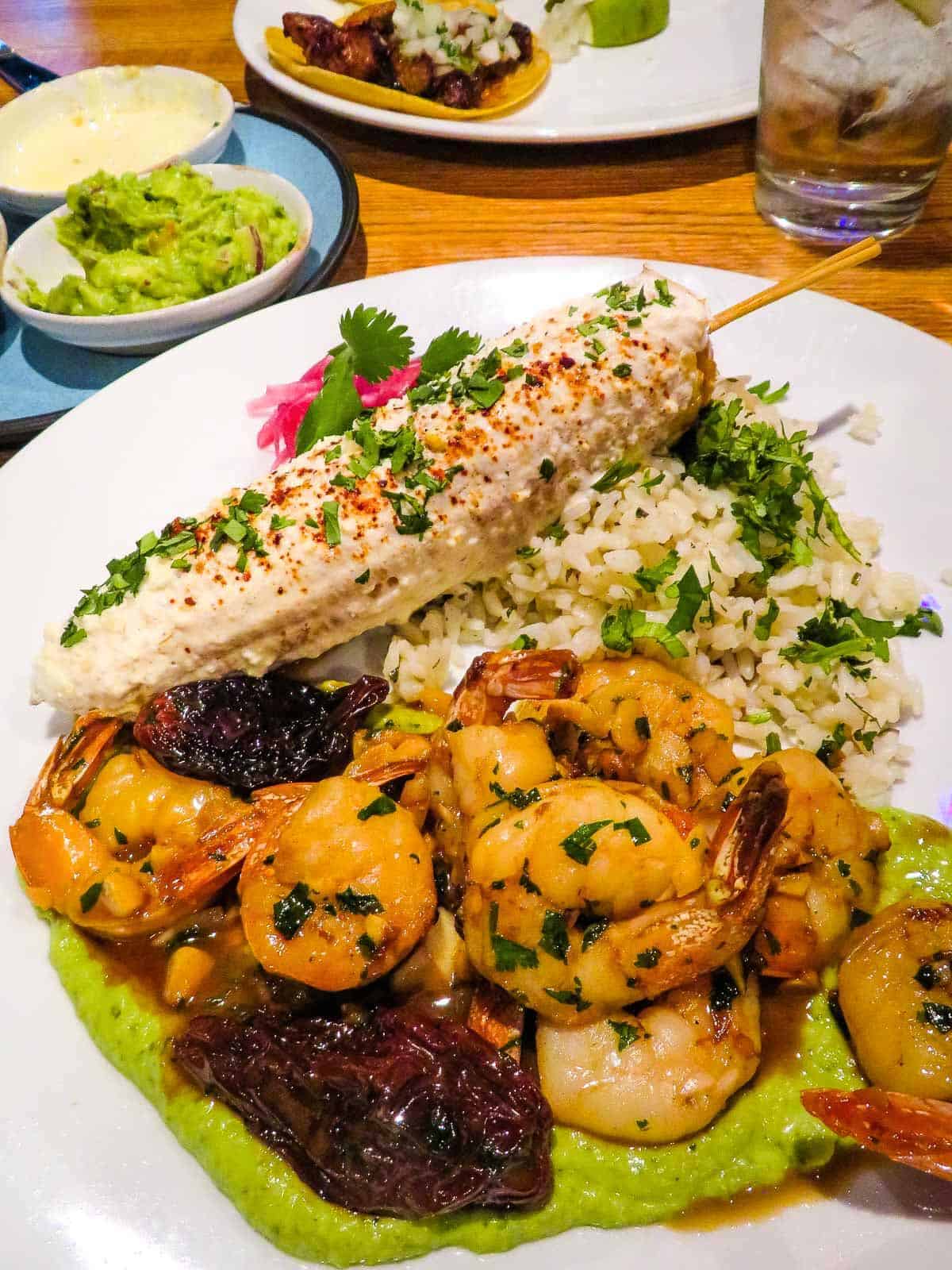 Grilled shrimp and street corn at Jalisco Taqueria & Tequila