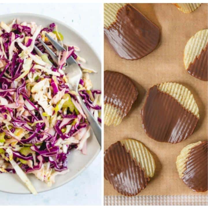 Coleslaw, chocolate covered potato chips
