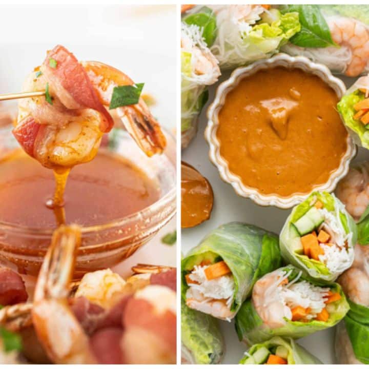 Bacon wrapped shrimp, shrimp rolls with dipping sauce