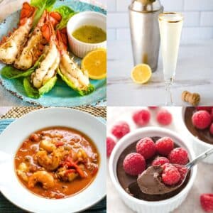 New year's dinner recipes - lobster tails, champagne cocktail, cioppino, chocolate pot de creme with raspberries.