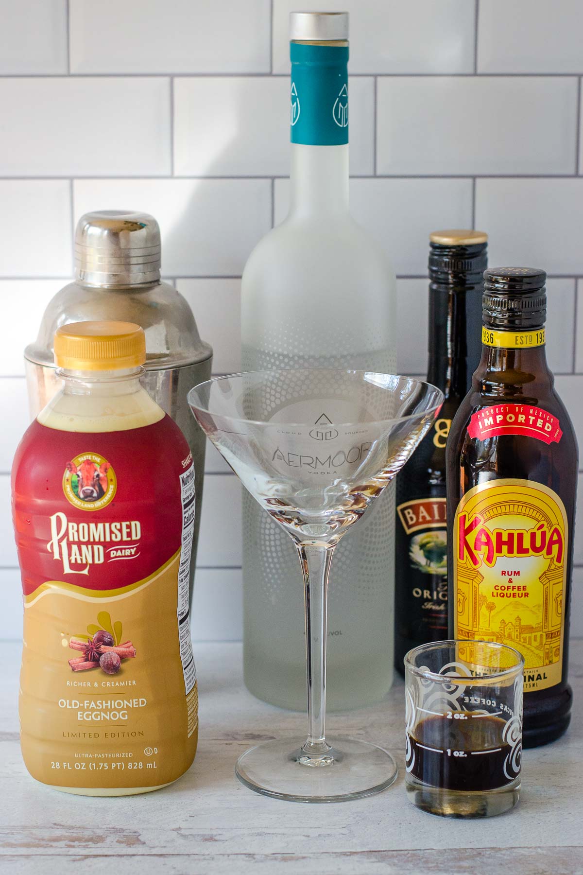 Eggnog espresso martini recipe ingredients.