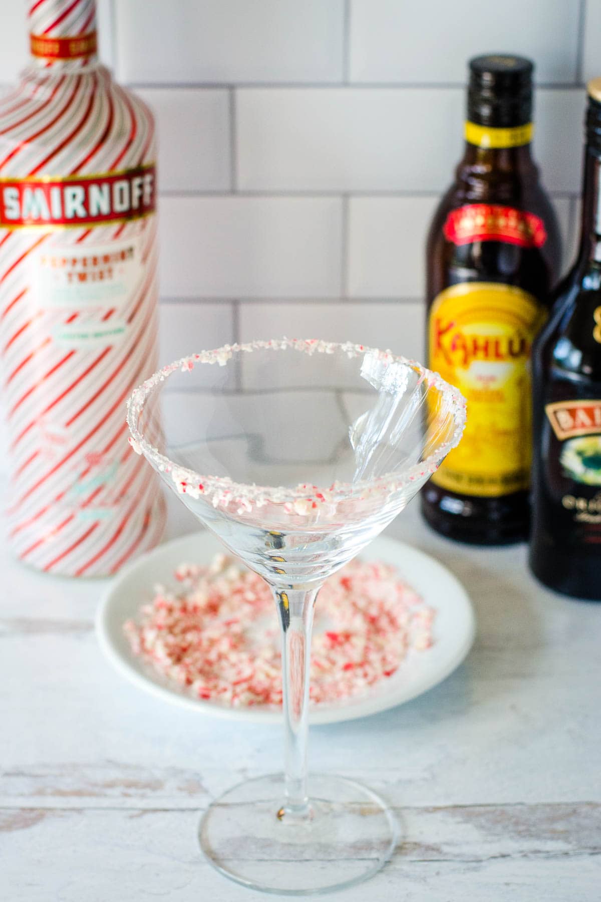 Cocktail glass with crushed candy cane rim.