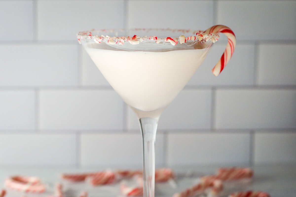 White chocolate peppermint martini with candy canes