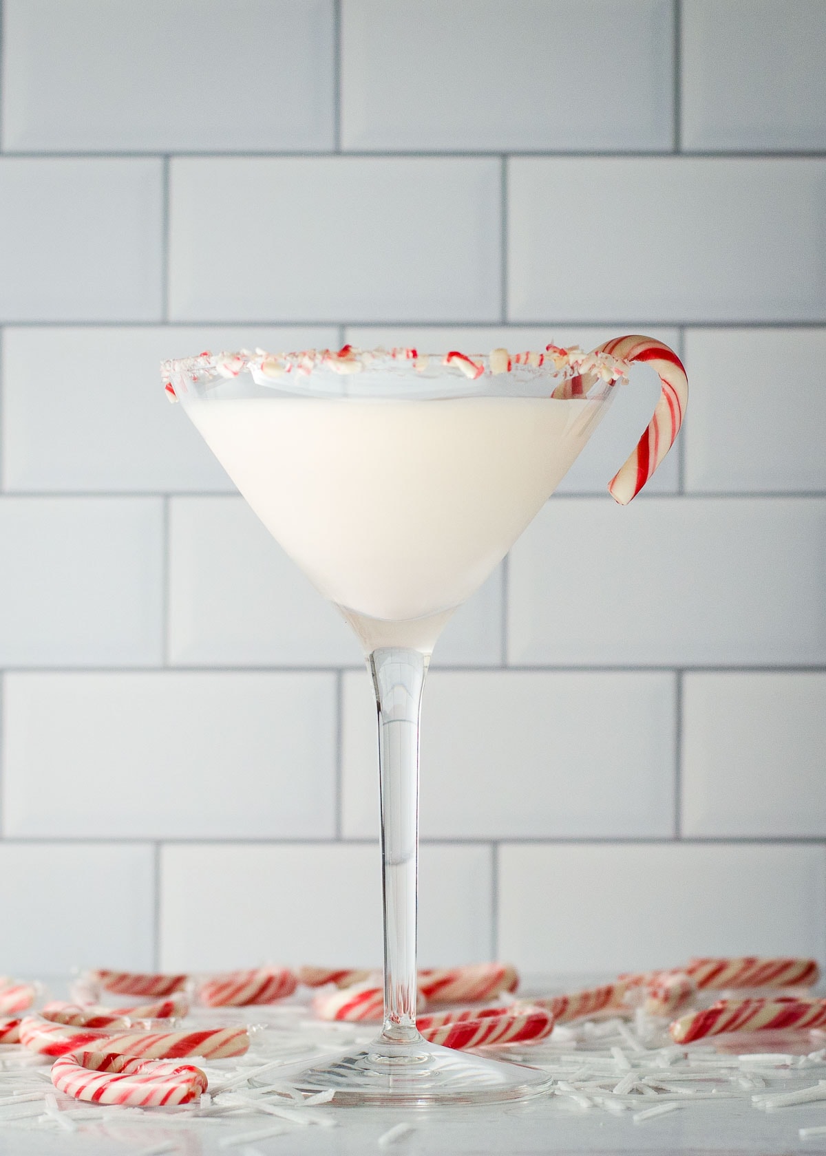 White chocolate peppermint martini with candy canes